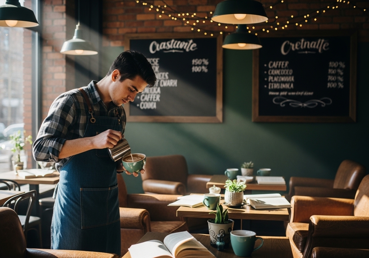 Canadian café barista pouring latte art for local SEO impact