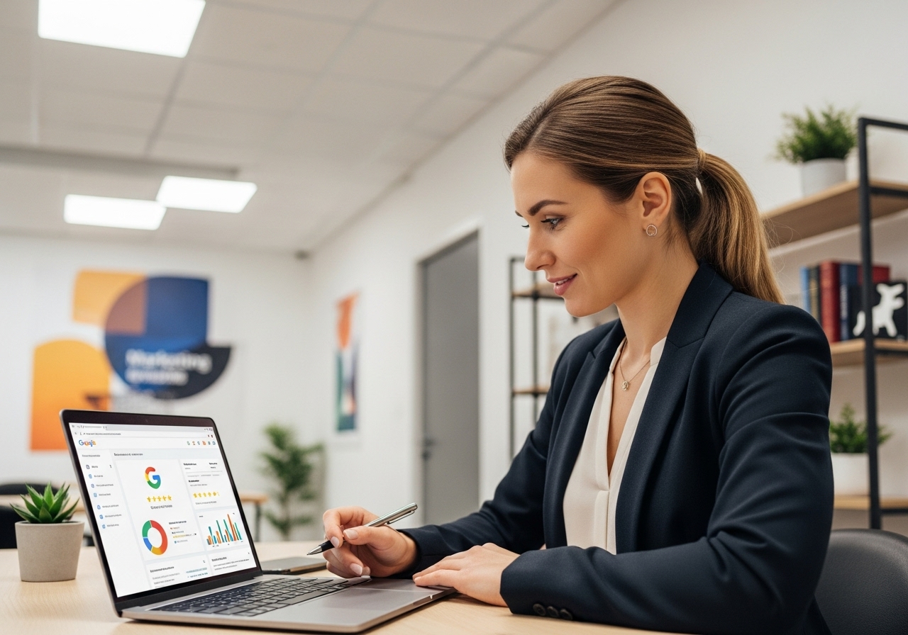 London business owner optimizing Google Business Profile with SEO services