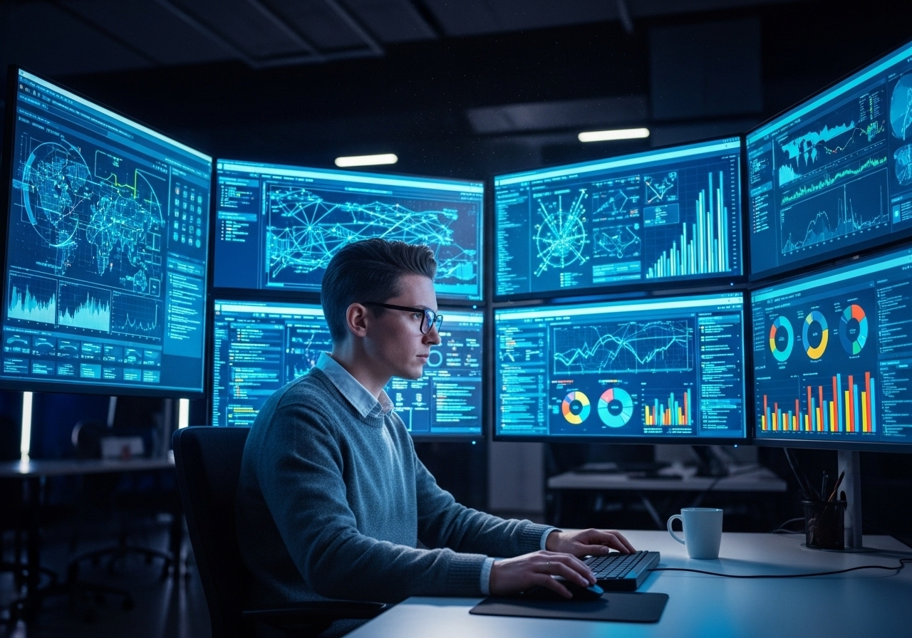 Analyst reviewing SEO dashboards and search console data