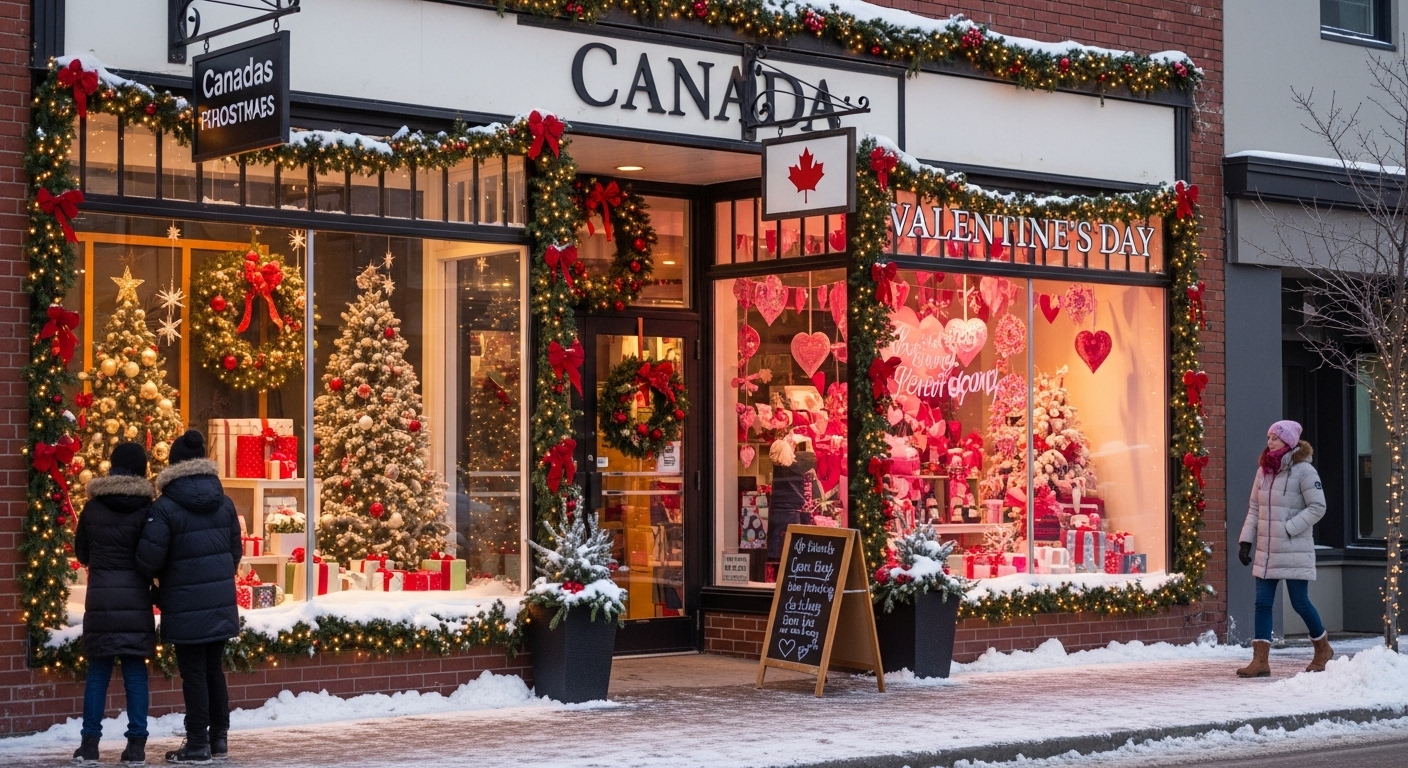 Holiday-decorated storefront