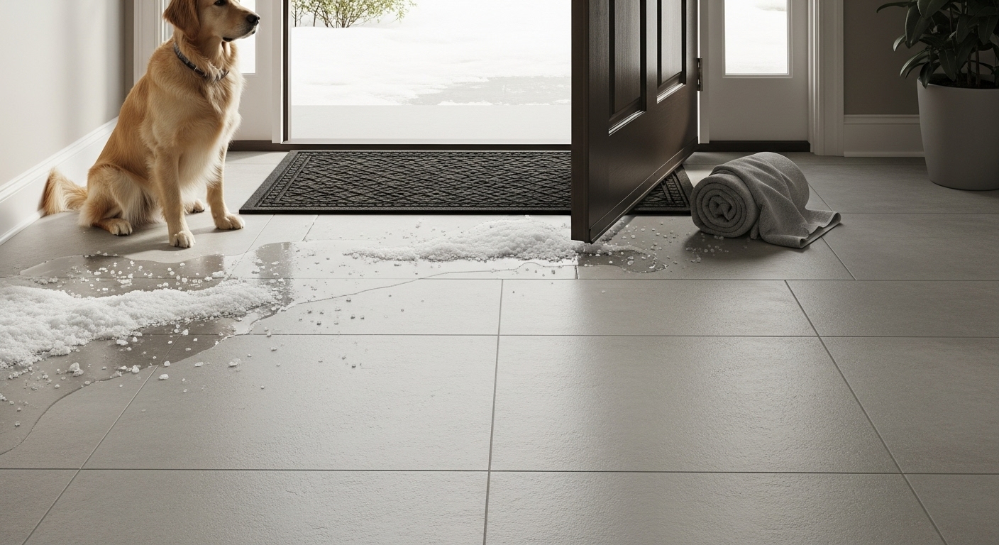 Porcelain tile entryway that is easy to clean from winter salt and muddy paws
