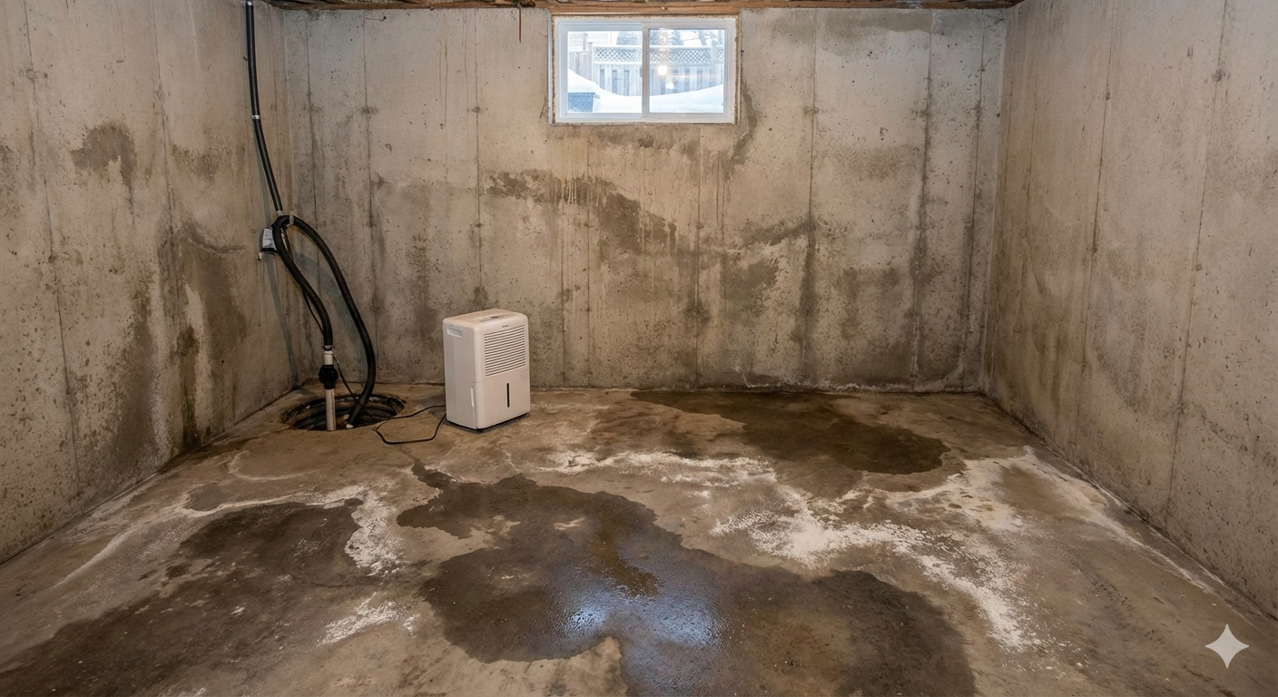 Signs of concrete seepage and moisture in a London basement