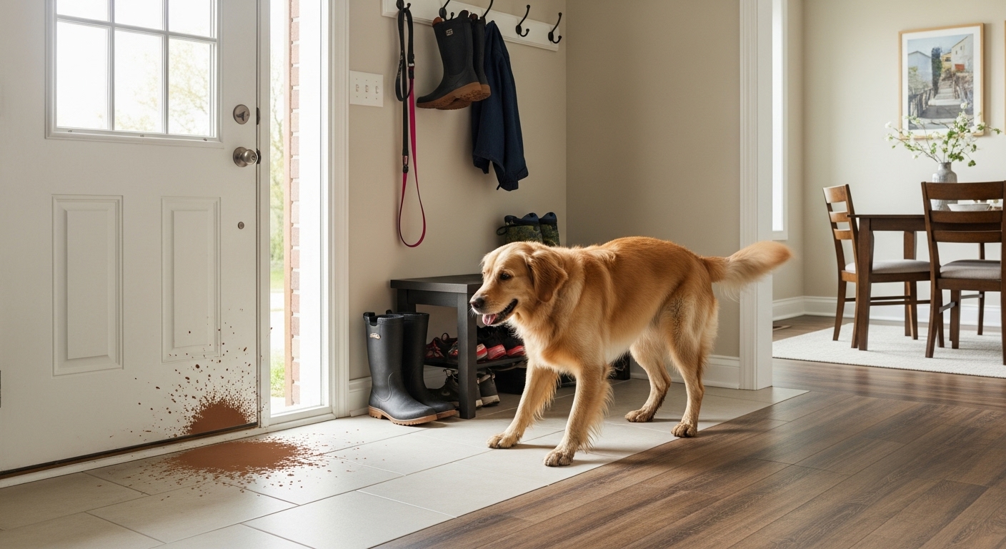 Muddy paws and clay soil tracked indoors in a London Ontario home