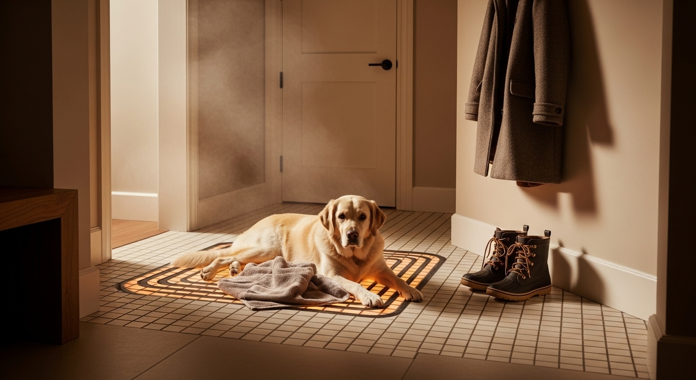 Radiant heated flooring in a mudroom helps dry wet paw prints in winter