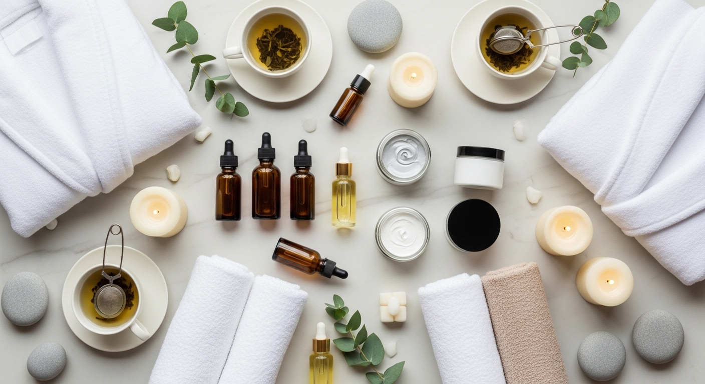 Luxury spa package flat lay with candles oils towels
