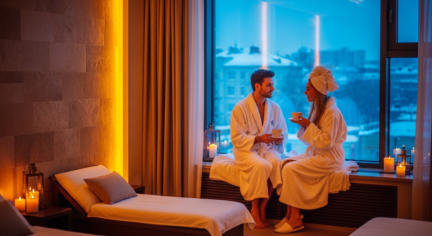 Warm cozy spa interior with winter view outside window