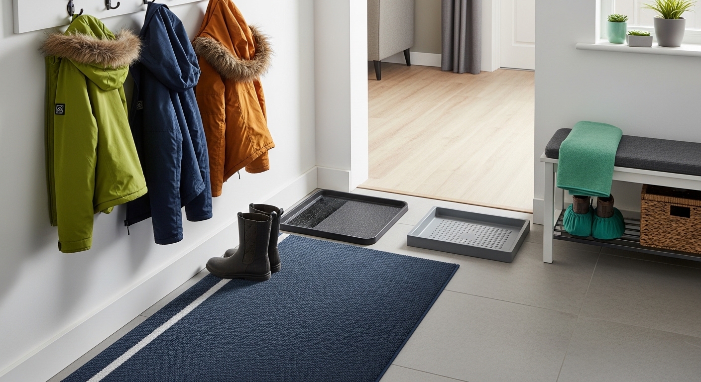 Entryway protection system with mats and boot tray in London home