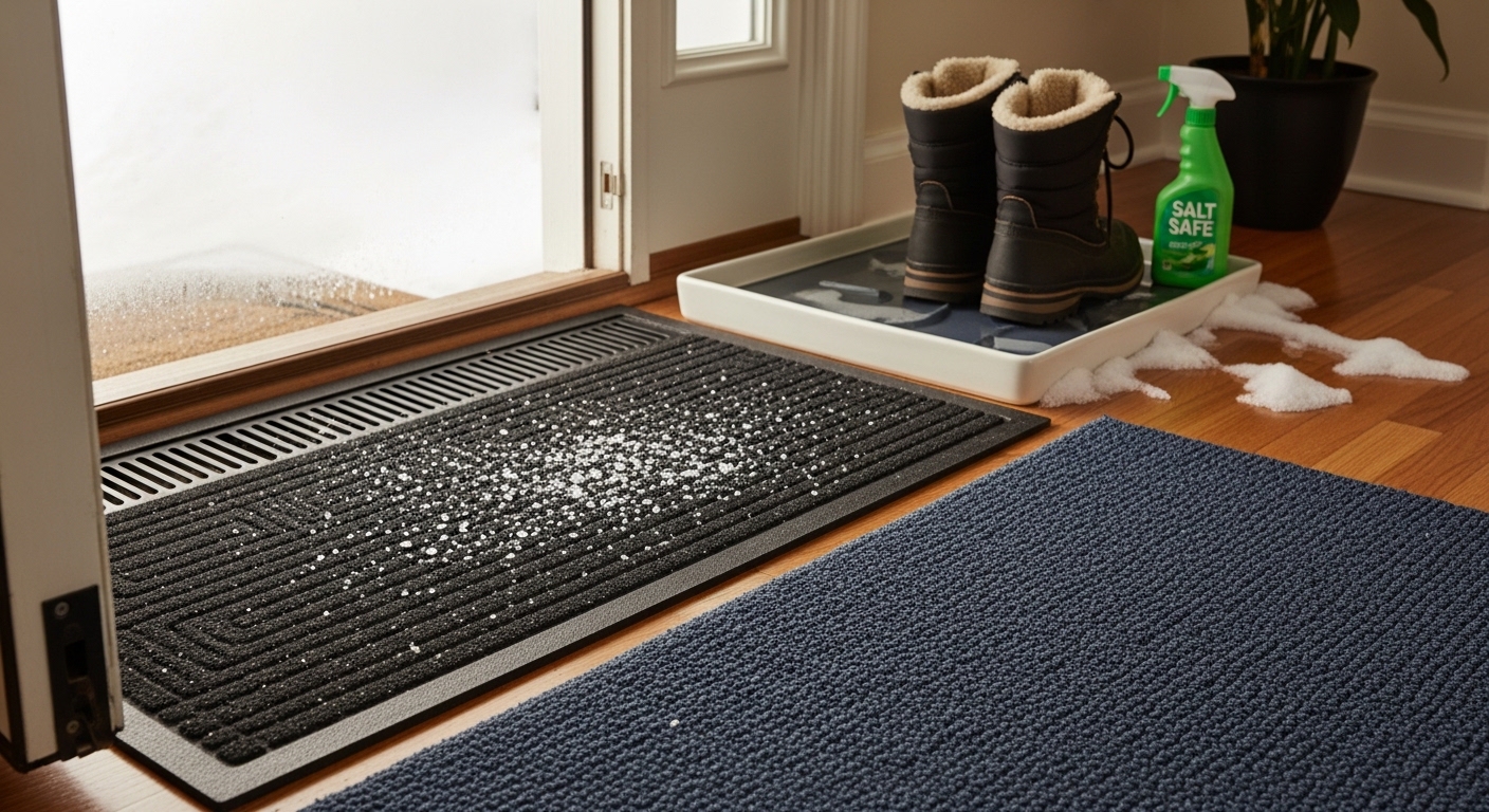 Winter flooring care in a London Ontario home with entryway mat and boot tray