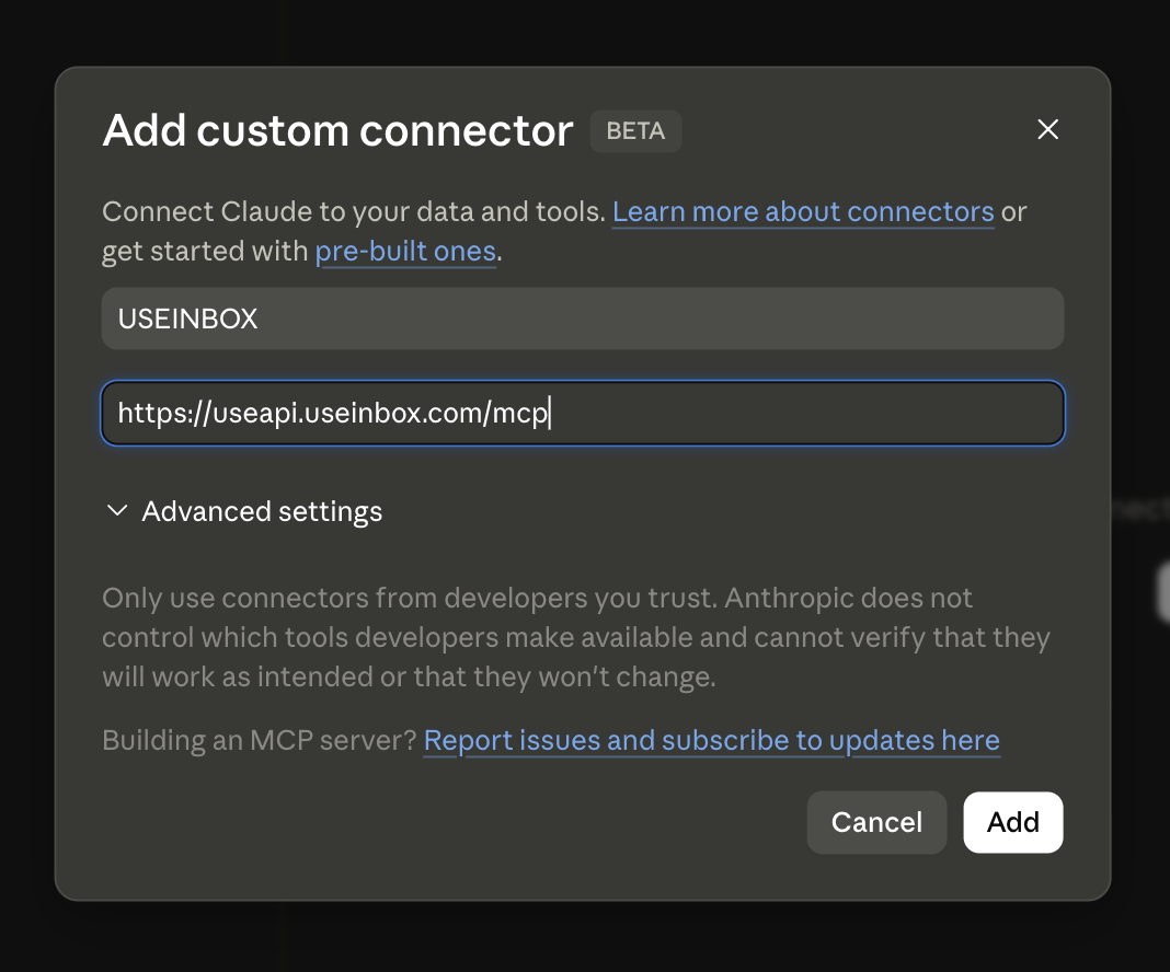 USEINBOX connector screen with Connect button in Claude