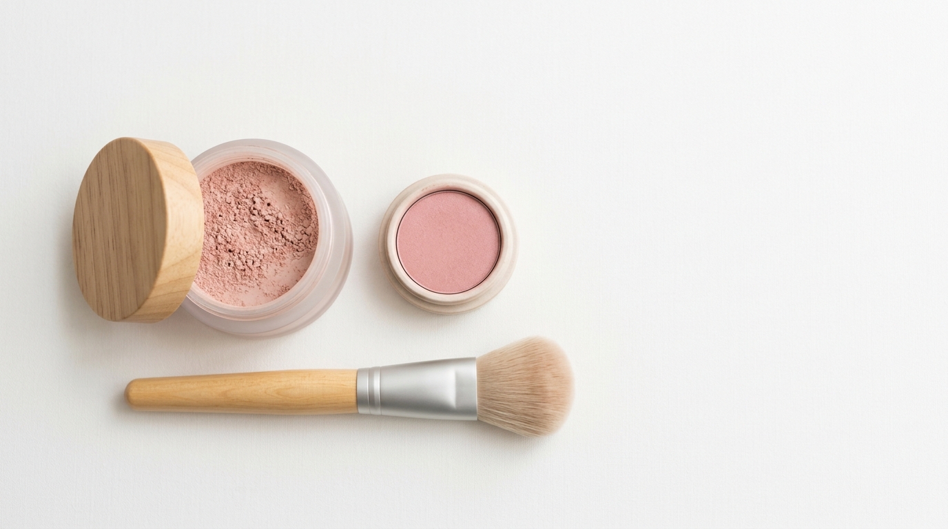 Close-up flat-lay of mineral makeup products and brushes used at Juvenelle Day Spa