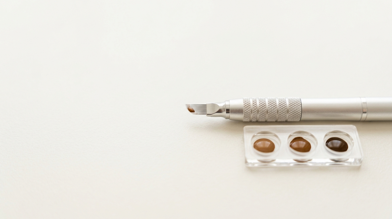 Close-up of microblading tools and pigment tray at Juvenelle Day Spa